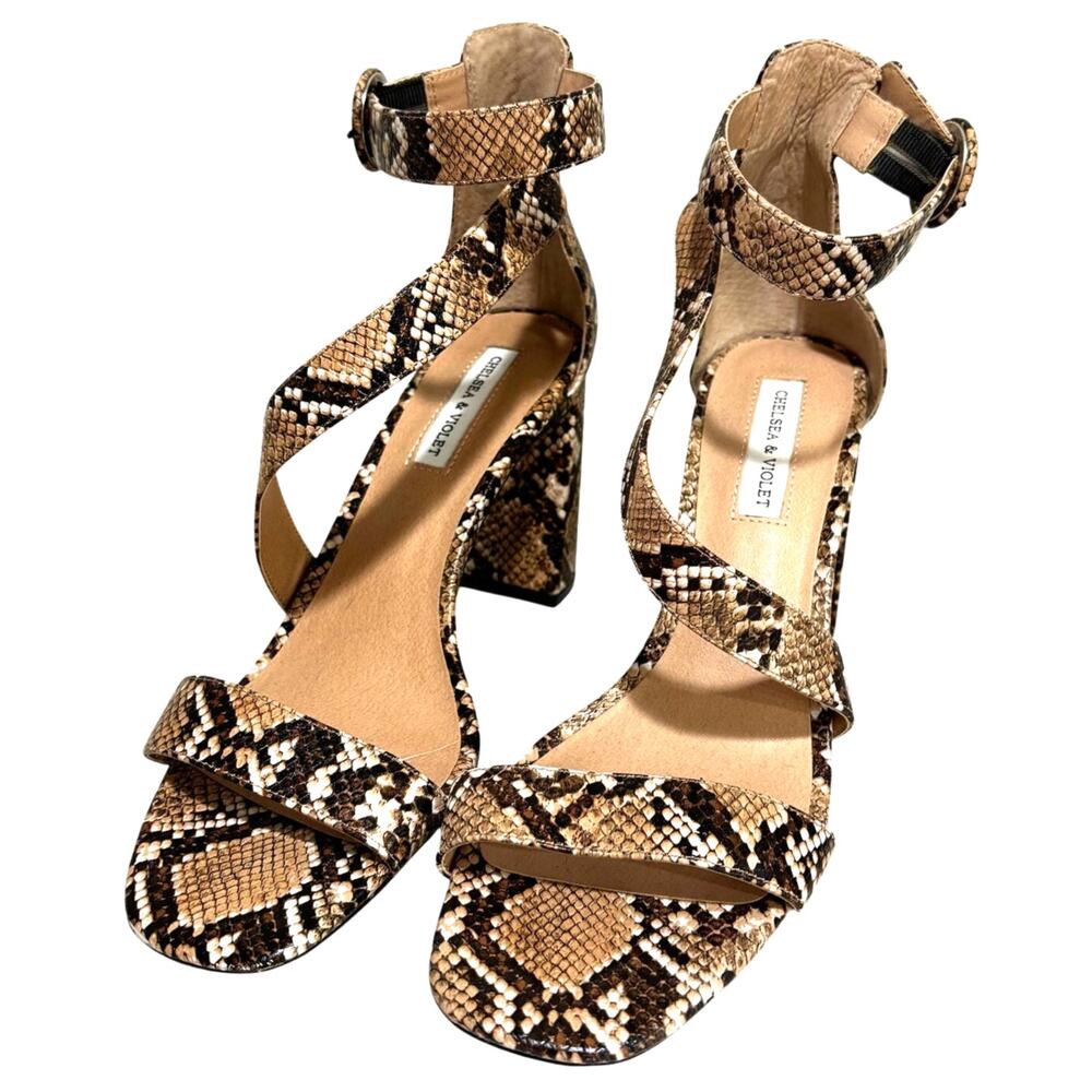 Chelsea & Violet strappy high heels dressy sandals cream nude tan faux python 10